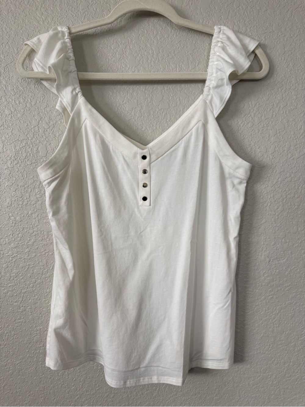 White House Black Market White Ruffled Strap Tank with Button Placket